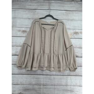 Pleione Crochet Accent Peplum Blouse Womens Large Tan Beige Tie Neck